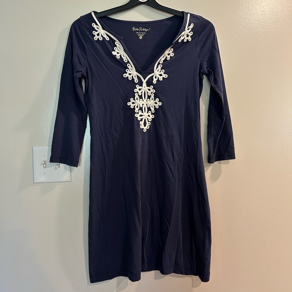 Lilly Pulitzer Navy Long-Sleeve V-Neck Dress with White Trim